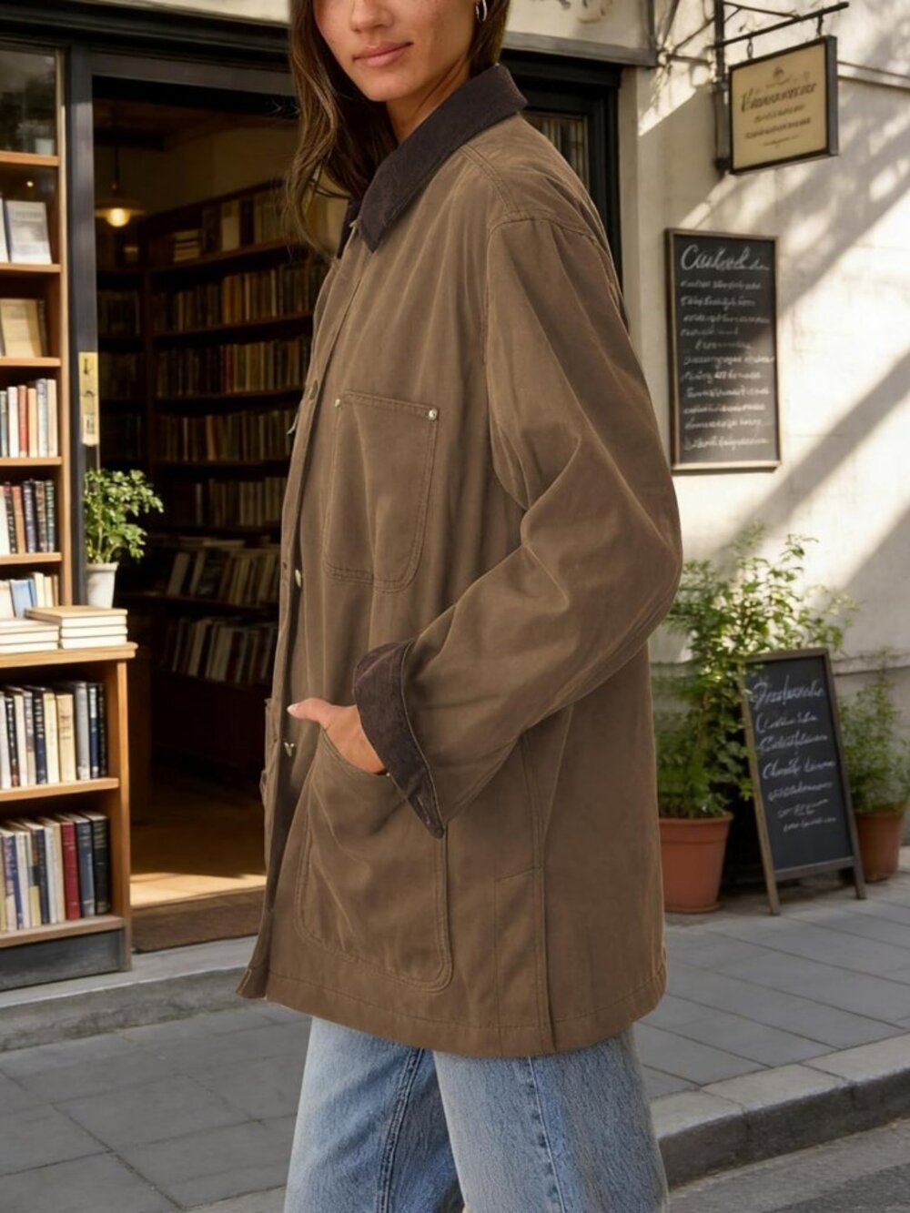 Oversized Vintage Utility Barn Jacket with Corduroy Collar for Women - Picture 2 of 9